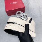 1:1 Ferragamo  Khaki&Black Leather Belt  with Silver Logo buckle Plate  Buckle 3.5cm